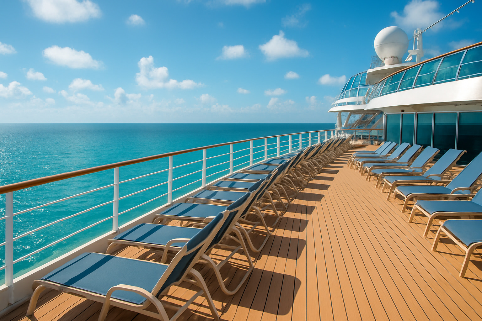Sun deck of a cruise ship over turquoise ocean