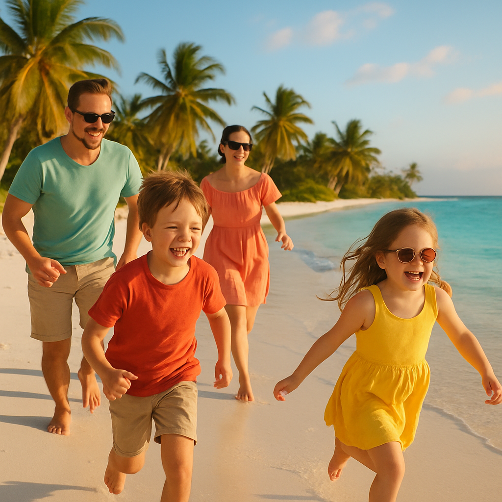 Family playing on a tropical beach