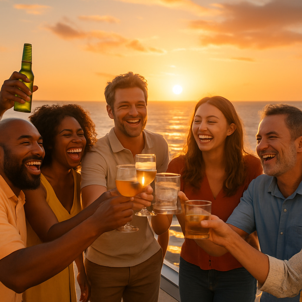 Friends celebrating together on a cruise ship deck