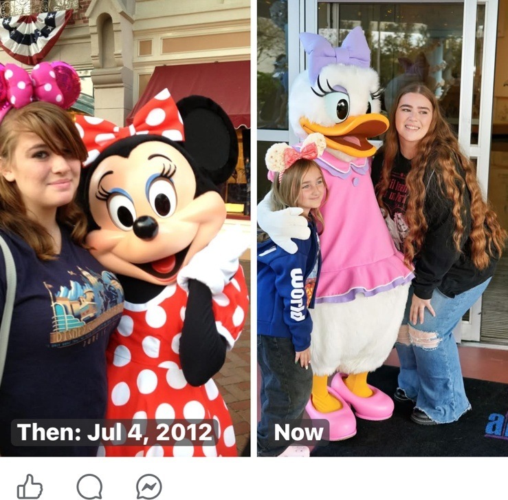 Then and now at Disneyland: Lawrence's daughter at 15 with Minnie Mouse in 2012, and 14 years later with her daughter meeting Daisy Duck